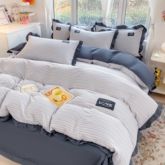 91家纺网 家纺一手货源 找家纺 金米诺 新款韩版花边水洗棉泡泡纱四件套公主条四件套 条纹-浅灰