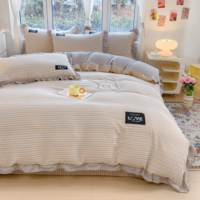 91家纺网 家纺一手货源 找家纺 金米诺 新款韩版花边水洗棉泡泡纱四件套公主条四件套 条纹-浅咖