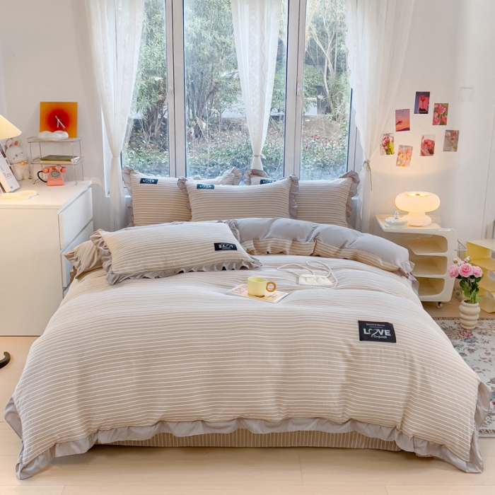 91家纺网 家纺一手货源 找家纺 金米诺 新款韩版花边水洗棉泡泡纱四件套公主条四件套 条纹-浅咖