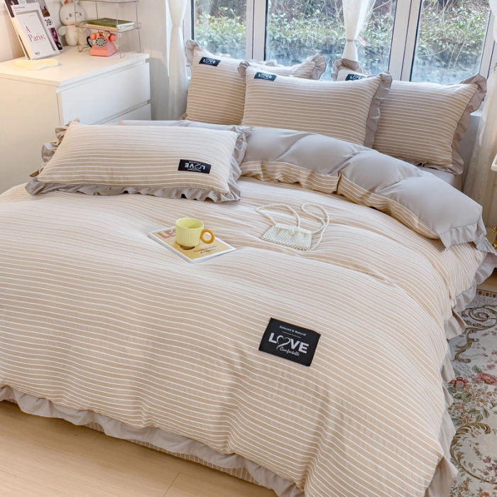 91家纺网 家纺一手货源 找家纺 金米诺 新款韩版花边水洗棉泡泡纱四件套公主条四件套 条纹-浅咖