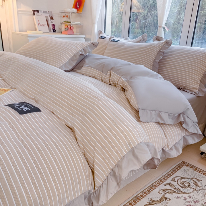 91家纺网 家纺一手货源 找家纺 金米诺 新款韩版花边水洗棉泡泡纱四件套公主条四件套 条纹-浅咖