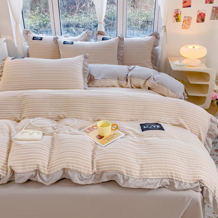 91家纺网 家纺一手货源 找家纺 金米诺 新款韩版花边水洗棉泡泡纱四件套公主条四件套 条纹-浅咖