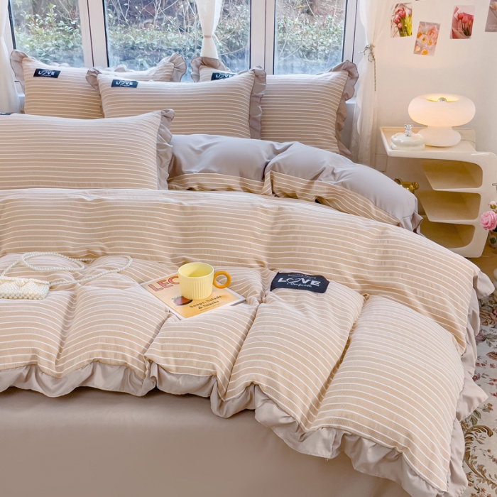 91家纺网 家纺一手货源 找家纺 金米诺 新款韩版花边水洗棉泡泡纱四件套公主条四件套 条纹-浅咖