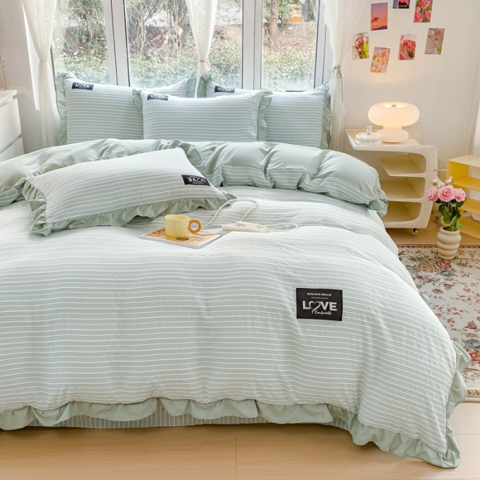 91家纺网 家纺一手货源 找家纺 金米诺 新款韩版花边水洗棉泡泡纱四件套公主条四件套 条纹-清新绿