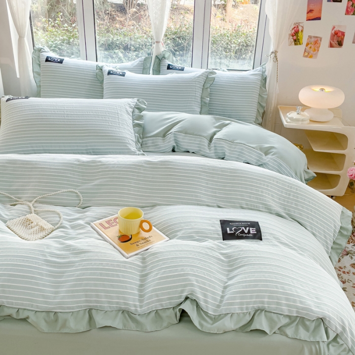 91家纺网 家纺一手货源 找家纺 金米诺 新款韩版花边水洗棉泡泡纱四件套公主条四件套 条纹-清新绿