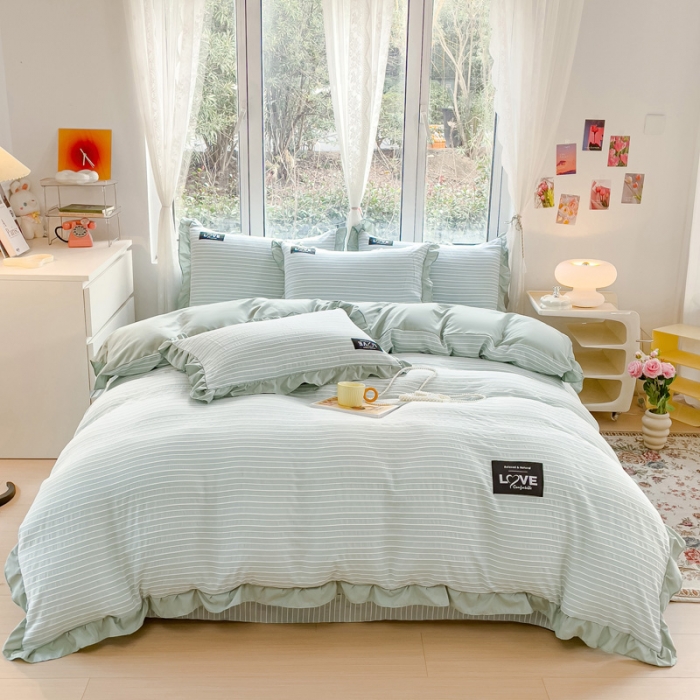 91家纺网 家纺一手货源 找家纺 金米诺 新款韩版花边水洗棉泡泡纱四件套公主条四件套 条纹-清新绿