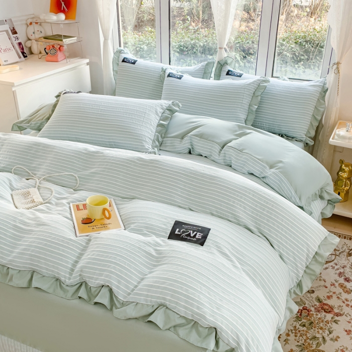 91家纺网 家纺一手货源 找家纺 金米诺 新款韩版花边水洗棉泡泡纱四件套公主条四件套 条纹-清新绿