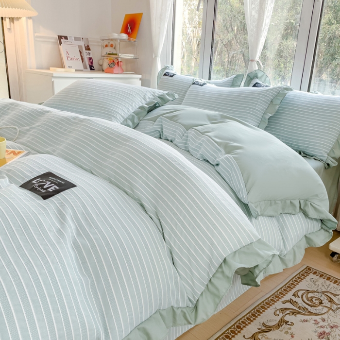 91家纺网 家纺一手货源 找家纺 金米诺 新款韩版花边水洗棉泡泡纱四件套公主条四件套 条纹-清新绿