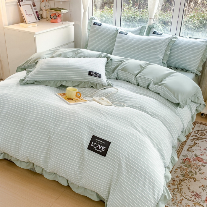 91家纺网 家纺一手货源 找家纺 金米诺 新款韩版花边水洗棉泡泡纱四件套公主条四件套 条纹-清新绿