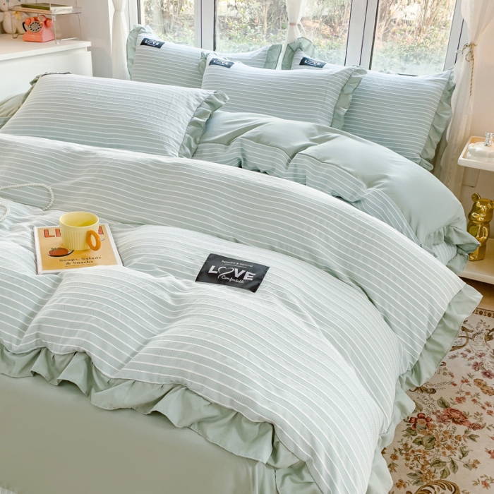 91家纺网 家纺一手货源 找家纺 金米诺 新款韩版花边水洗棉泡泡纱四件套公主条四件套 条纹-清新绿