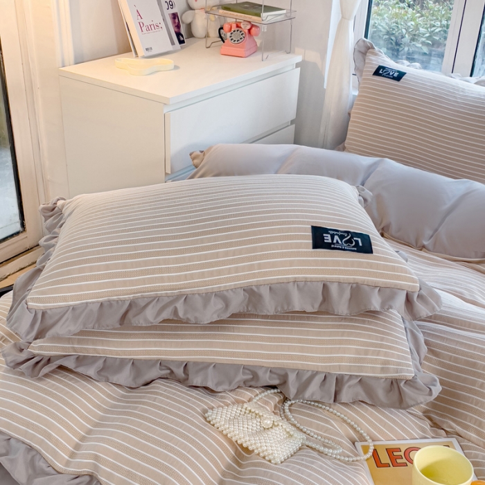 91家纺网 家纺一手货源 找家纺 金米诺 新款韩版花边水洗棉泡泡纱四件套公主条四件套 条纹-浅咖