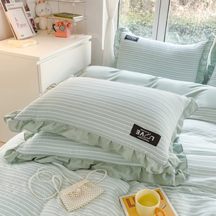 91家纺网 家纺一手货源 找家纺 金米诺 新款韩版花边水洗棉泡泡纱四件套公主条四件套 条纹-清新绿