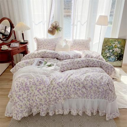 菊上 2023新款全棉法式田园风欧根纱床盖四件套 紫韵