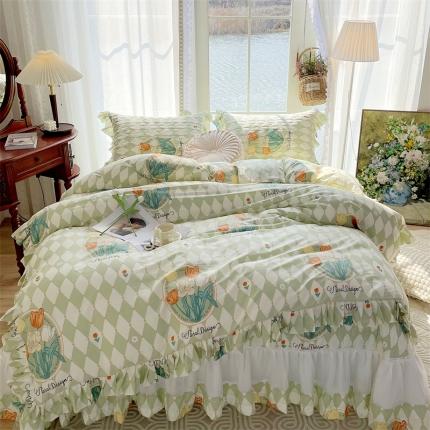 菊上 2023新款全棉法式田园风欧根纱床盖四件套 格莱美