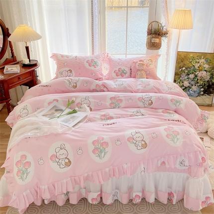 菊上 2023新款全棉法式田园风欧根纱床盖四件套 蜜兔