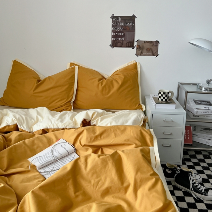 91家纺网 家纺一手货源 找家纺 安莱生活 2023新款 60贡缎双拼小宽边四件套 淡茶双拼奶黄