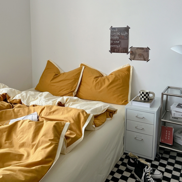 91家纺网 家纺一手货源 找家纺 安莱生活 2023新款 60贡缎双拼小宽边四件套 淡茶双拼奶黄