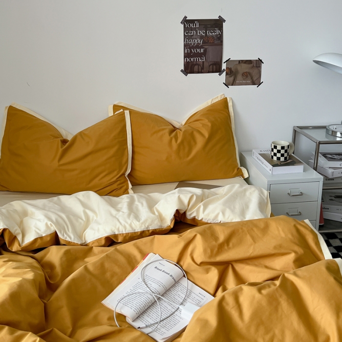 91家纺网 家纺一手货源 找家纺 安莱生活 2023新款 60贡缎双拼小宽边四件套 淡茶双拼奶黄