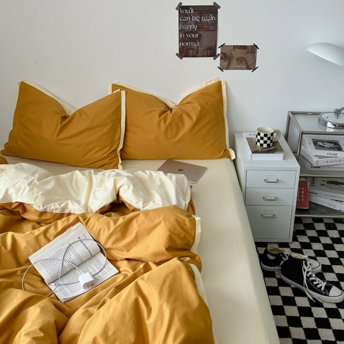 91家纺网 家纺一手货源 找家纺 安莱生活 2023新款 60贡缎双拼小宽边四件套 淡茶双拼奶黄