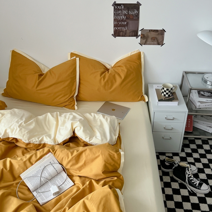 91家纺网 家纺一手货源 找家纺 安莱生活 2023新款 60贡缎双拼小宽边四件套 淡茶双拼奶黄