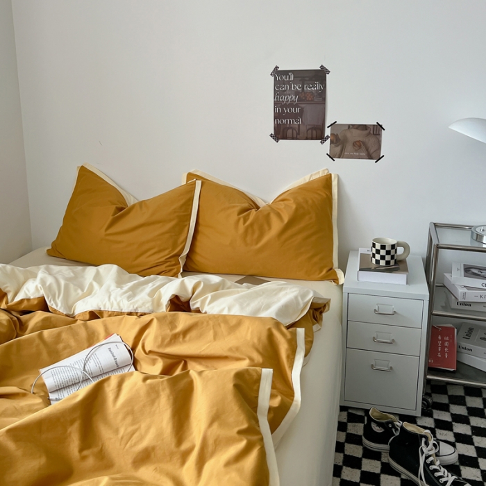 91家纺网 家纺一手货源 找家纺 安莱生活 2023新款 60贡缎双拼小宽边四件套 淡茶双拼奶黄