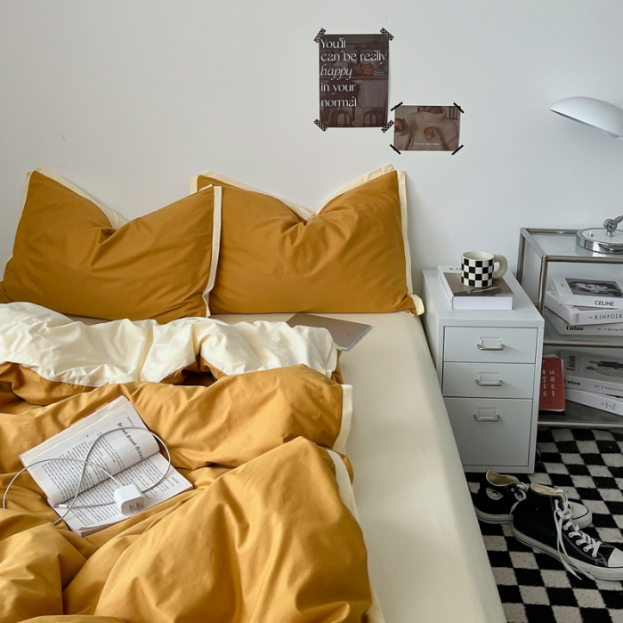 91家纺网 家纺一手货源 找家纺 安莱生活 2023新款 60贡缎双拼小宽边四件套 淡茶双拼奶黄