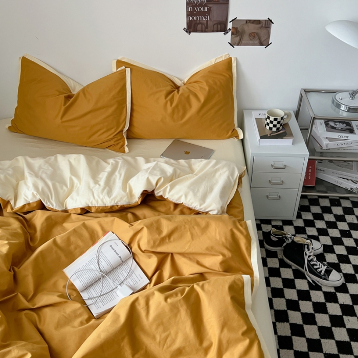 91家纺网 家纺一手货源 找家纺 安莱生活 2023新款 60贡缎双拼小宽边四件套 淡茶双拼奶黄