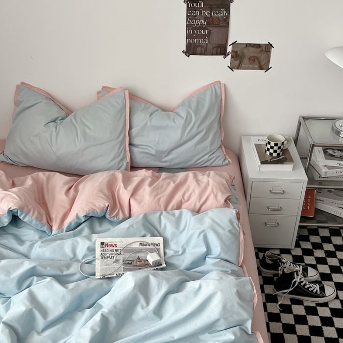 91家纺网 家纺一手货源 找家纺 安莱生活 2023新款 60贡缎双拼小宽边四件套 淡蓝双拼嫩粉