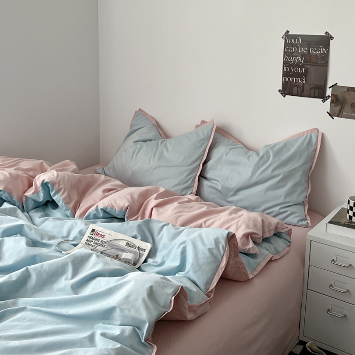 91家纺网 家纺一手货源 找家纺 安莱生活 2023新款 60贡缎双拼小宽边四件套 淡蓝双拼嫩粉