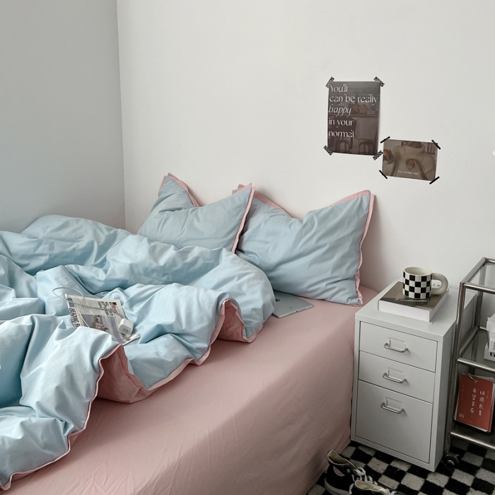 91家纺网 家纺一手货源 找家纺 安莱生活 2023新款 60贡缎双拼小宽边四件套 淡蓝双拼嫩粉