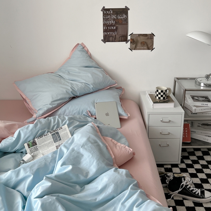 91家纺网 家纺一手货源 找家纺 安莱生活 2023新款 60贡缎双拼小宽边四件套 淡蓝双拼嫩粉