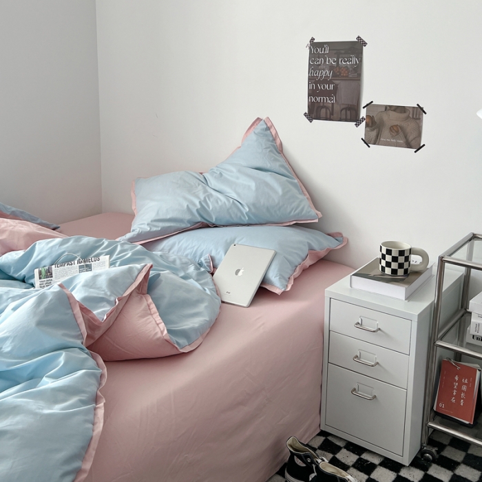 91家纺网 家纺一手货源 找家纺 安莱生活 2023新款 60贡缎双拼小宽边四件套 淡蓝双拼嫩粉