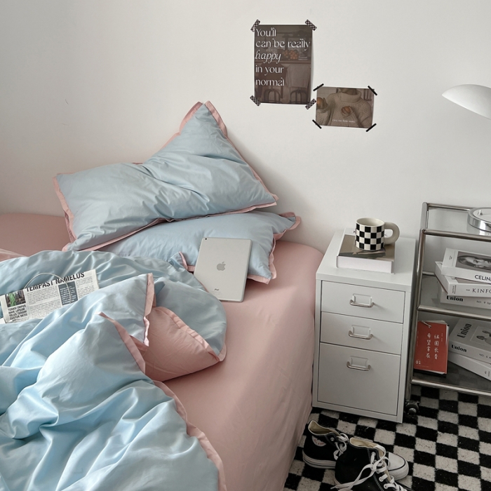 91家纺网 家纺一手货源 找家纺 安莱生活 2023新款 60贡缎双拼小宽边四件套 淡蓝双拼嫩粉