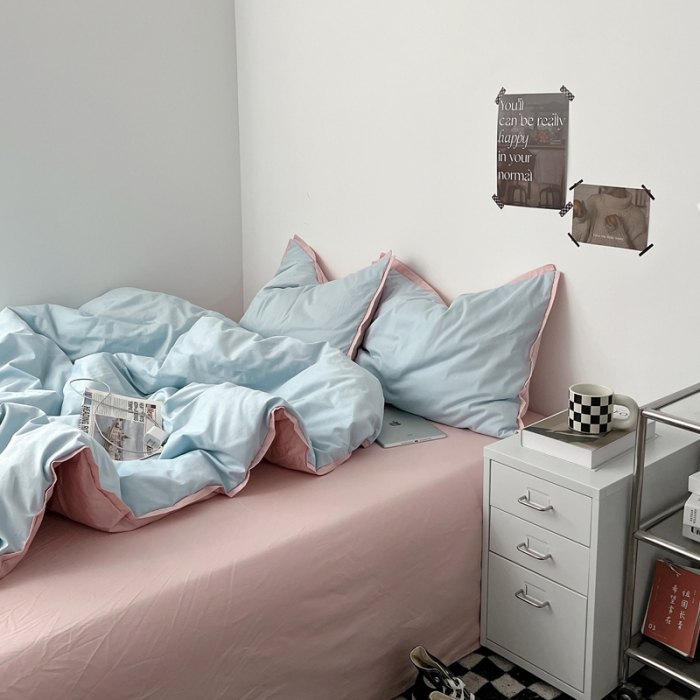 91家纺网 家纺一手货源 找家纺 安莱生活 2023新款 60贡缎双拼小宽边四件套 淡蓝双拼嫩粉