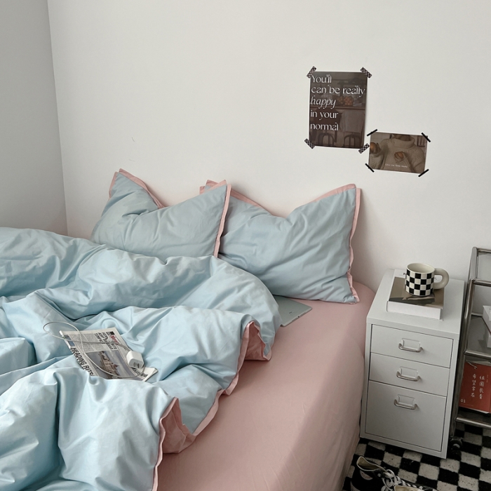 91家纺网 家纺一手货源 找家纺 安莱生活 2023新款 60贡缎双拼小宽边四件套 淡蓝双拼嫩粉