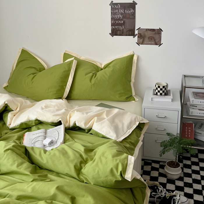 91家纺网 家纺一手货源 找家纺 安莱生活 2023新款 60贡缎双拼小宽边四件套 果绿双拼奶黄