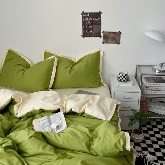 91家纺网 家纺一手货源 找家纺 安莱生活 2023新款 60贡缎双拼小宽边四件套 果绿双拼奶黄