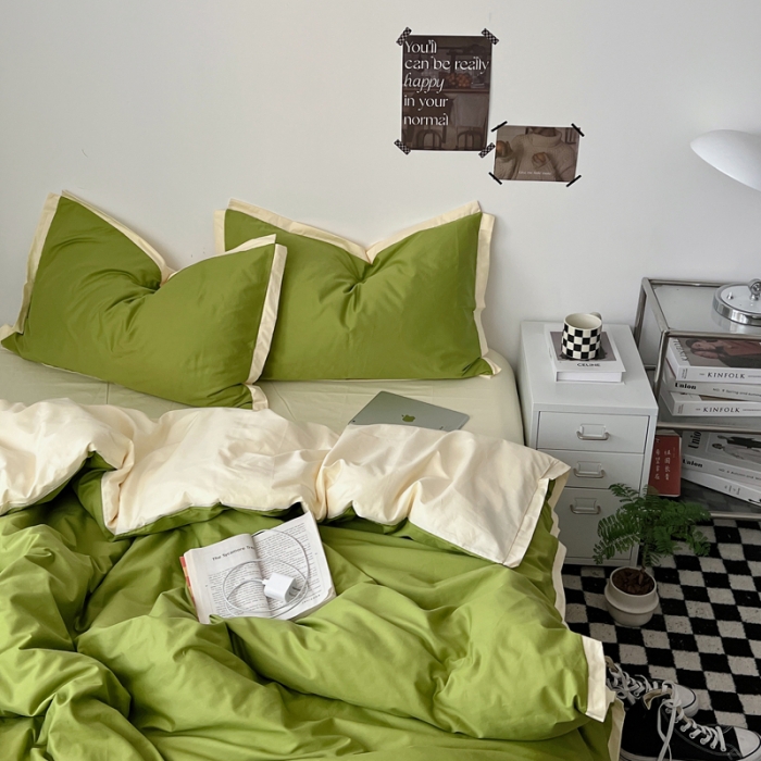 91家纺网 家纺一手货源 找家纺 安莱生活 2023新款 60贡缎双拼小宽边四件套 果绿双拼奶黄