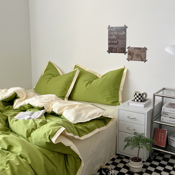 91家纺网 家纺一手货源 找家纺 安莱生活 2023新款 60贡缎双拼小宽边四件套 果绿双拼奶黄