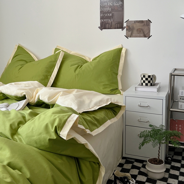 91家纺网 家纺一手货源 找家纺 安莱生活 2023新款 60贡缎双拼小宽边四件套 果绿双拼奶黄