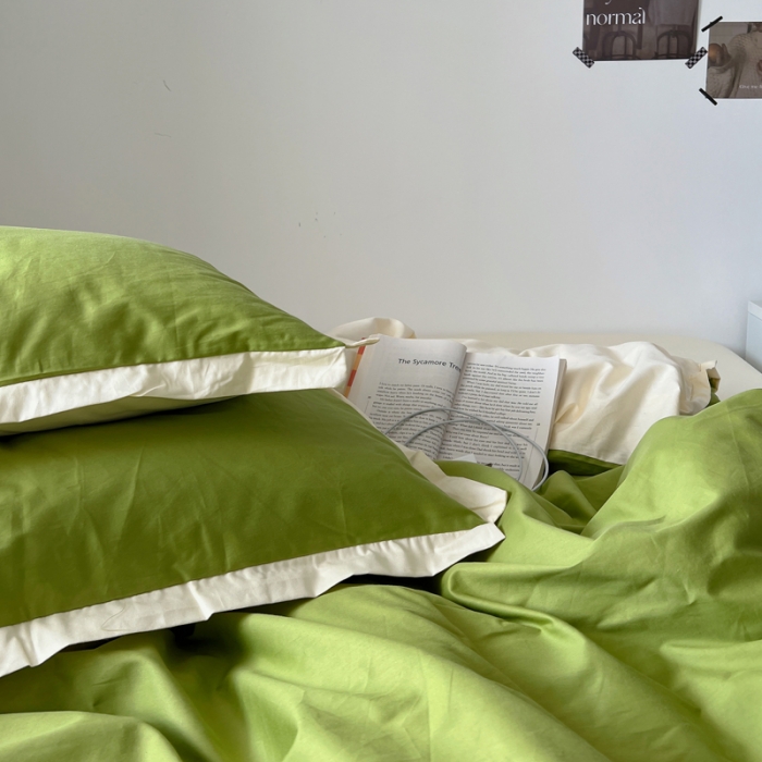 91家纺网 家纺一手货源 找家纺 安莱生活 2023新款 60贡缎双拼小宽边四件套 果绿双拼奶黄