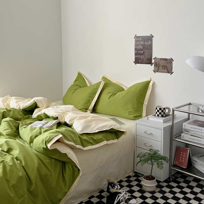 91家纺网 家纺一手货源 找家纺 安莱生活 2023新款 60贡缎双拼小宽边四件套 果绿双拼奶黄