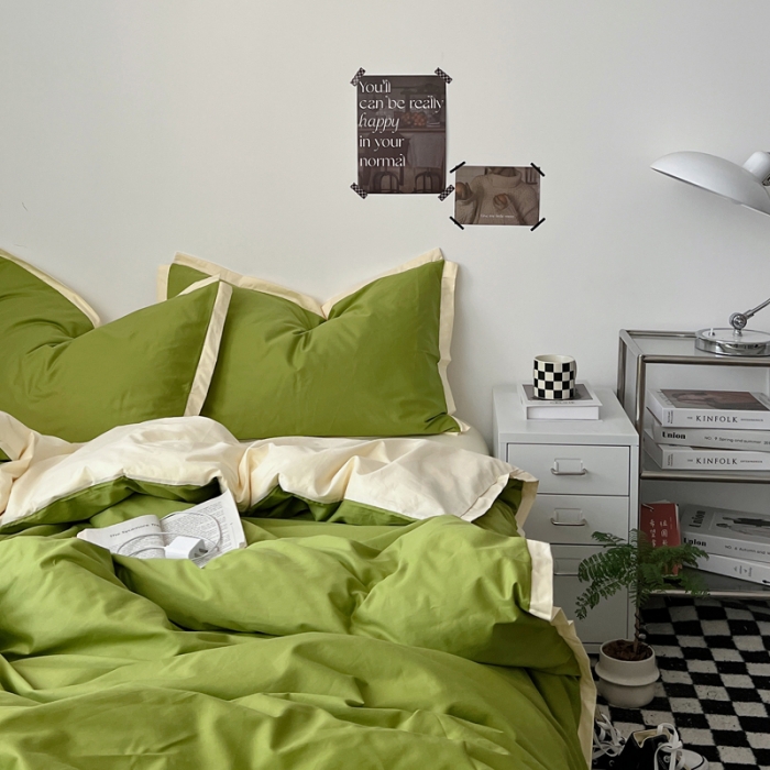 91家纺网 家纺一手货源 找家纺 安莱生活 2023新款 60贡缎双拼小宽边四件套 果绿双拼奶黄