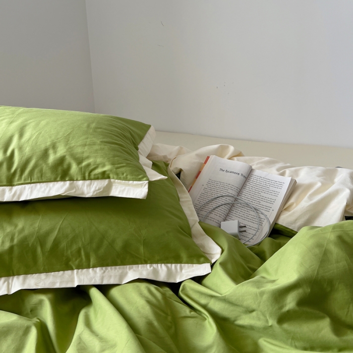 91家纺网 家纺一手货源 找家纺 安莱生活 2023新款 60贡缎双拼小宽边四件套 果绿双拼奶黄