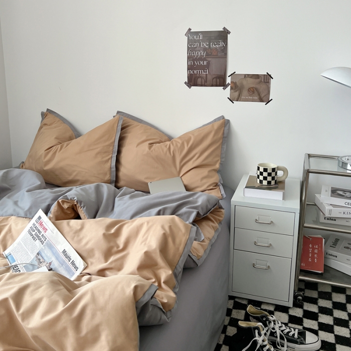 91家纺网 家纺一手货源 找家纺 安莱生活 2023新款 60贡缎双拼小宽边四件套 卡其双拼浅灰