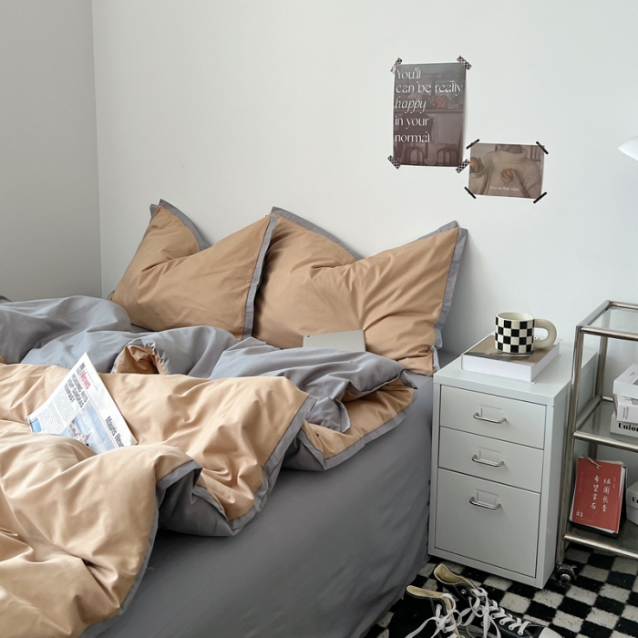 91家纺网 家纺一手货源 找家纺 安莱生活 2023新款 60贡缎双拼小宽边四件套 卡其双拼浅灰