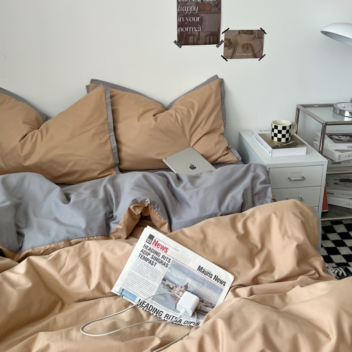 91家纺网 家纺一手货源 找家纺 安莱生活 2023新款 60贡缎双拼小宽边四件套 卡其双拼浅灰