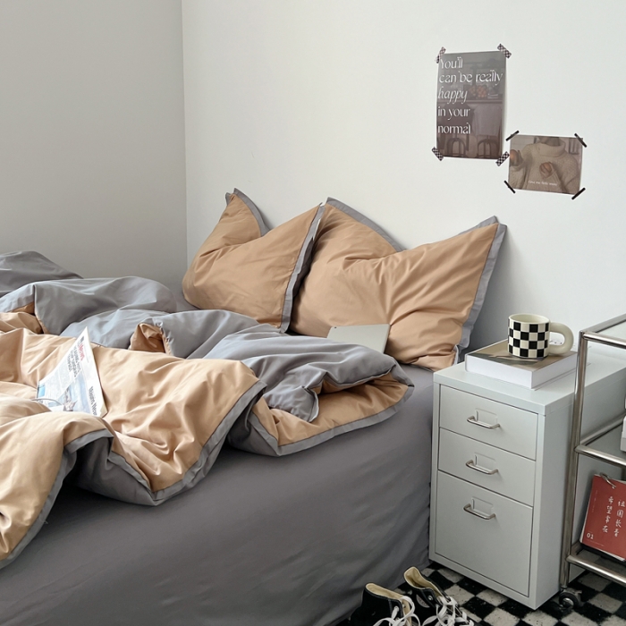 91家纺网 家纺一手货源 找家纺 安莱生活 2023新款 60贡缎双拼小宽边四件套 卡其双拼浅灰