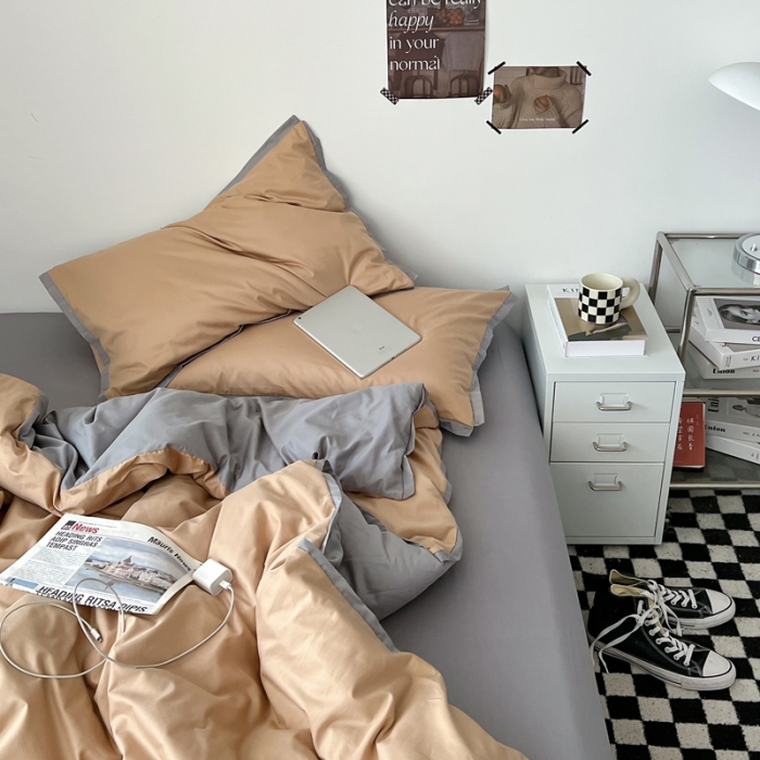 91家纺网 家纺一手货源 找家纺 安莱生活 2023新款 60贡缎双拼小宽边四件套 卡其双拼浅灰