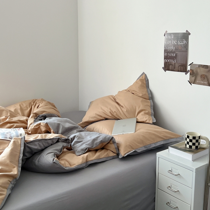 91家纺网 家纺一手货源 找家纺 安莱生活 2023新款 60贡缎双拼小宽边四件套 卡其双拼浅灰